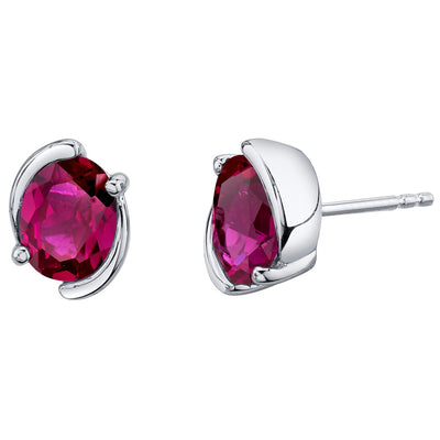 Ruby Bezel Stud Earrings Sterling Silver 3.50 Carats Total Oval Shape