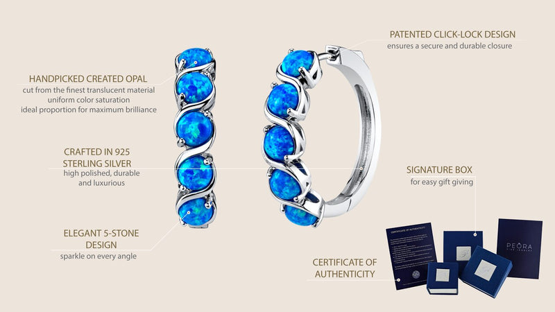 Sterling Silver Created Blue Opal Hoop Earrings 2 5 Carats Se9030 infographic with additional information