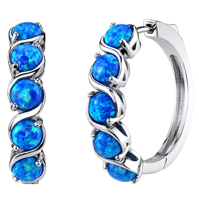 Sterling Silver Created Blue Opal Hoop Earrings 2.5 Carats