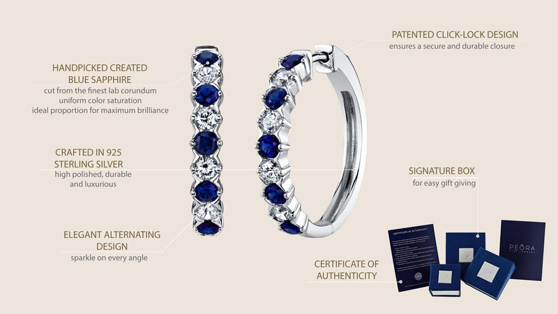 Sterling Silver Created Sapphire Alternating Hoop Earrings 1 5 Carats Se9036 infographic with additional information