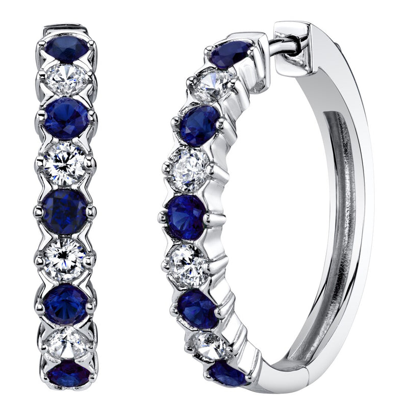 Sterling Silver Created Sapphire Alternating Hoop Earrings 1.5 Carats