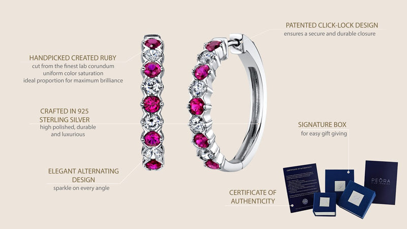 Sterling Silver Created Ruby Alternating Hoop Earrings 1 5 Carats Se9038 infographic with additional information