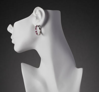 Sterling Silver Created Ruby Alternating Hoop Earrings 1 5 Carats Se9038 on a model