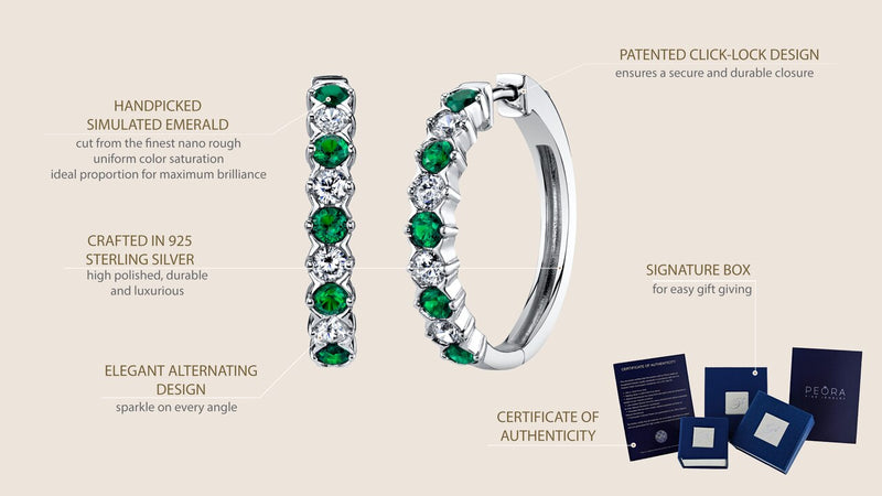 Sterling Silver Simulated Emerald Alternating Hoop Earrings 1 5 Carats Se9040 infographic with additional information