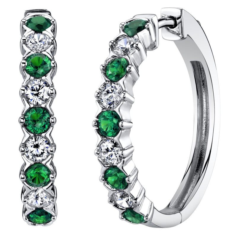 Emerald Alternating Hoop Earrings Sterling Silver 1.50 Carats Total