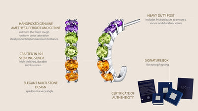 Sterling Silver Amethyst Peridot Citrine J Hoop Earrings 3 Carats Se9042 infographic with additional information
