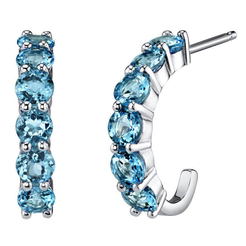 Swiss Blue Topaz J-Hoop Earrings Sterling Silver 2.75 Carats Total