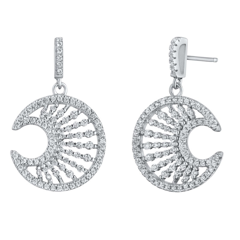 Sterling Silver Simulated Diamonds Crescent Moon Dangle Drop Earrings