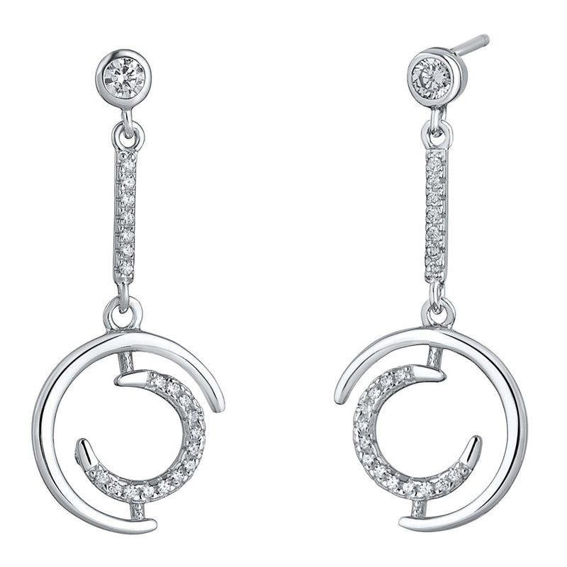 Sterling Silver Simulated Diamonds Double Crescent Dangle Drop Earrings