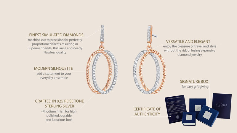 Sterling Silver Simulated Diamonds Twisted Oval Rose Tone Dangle Drop Earrings Se9082 on a model or additional view