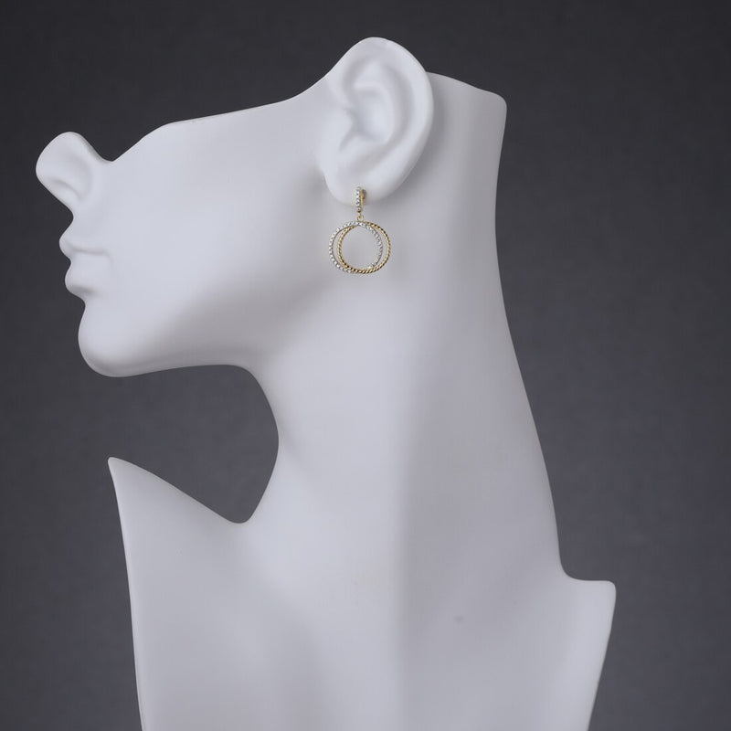 Sterling Silver Simulated Diamonds Duo Circle Yellow Tone Dangle Drop Earrings Se9094 on a model
