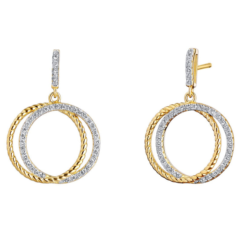Sterling Silver Simulated Diamonds Duo Circle Yellow Tone Dangle Drop Earrings