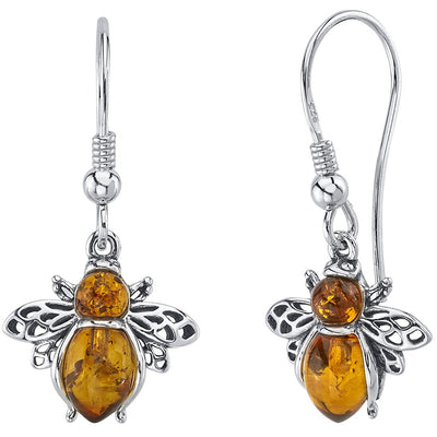Genuine Baltic Amber Bee Dangle Earrings in Sterling Silver