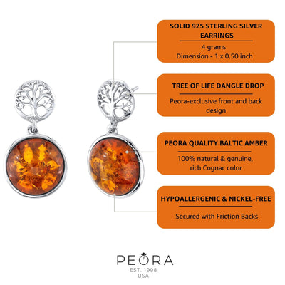 Baltic Amber Double-sided Tree of Life Dangle Earrings in Sterling Silver info
