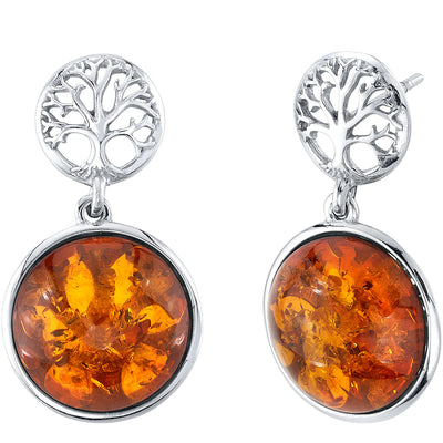 Baltic Amber Double-sided Tree of Life Dangle Earrings in Sterling Silver