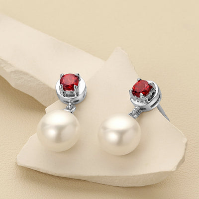 8mm Freshwater Cultured Pearl & Garnet Dangle Earrings in Sterling Silver