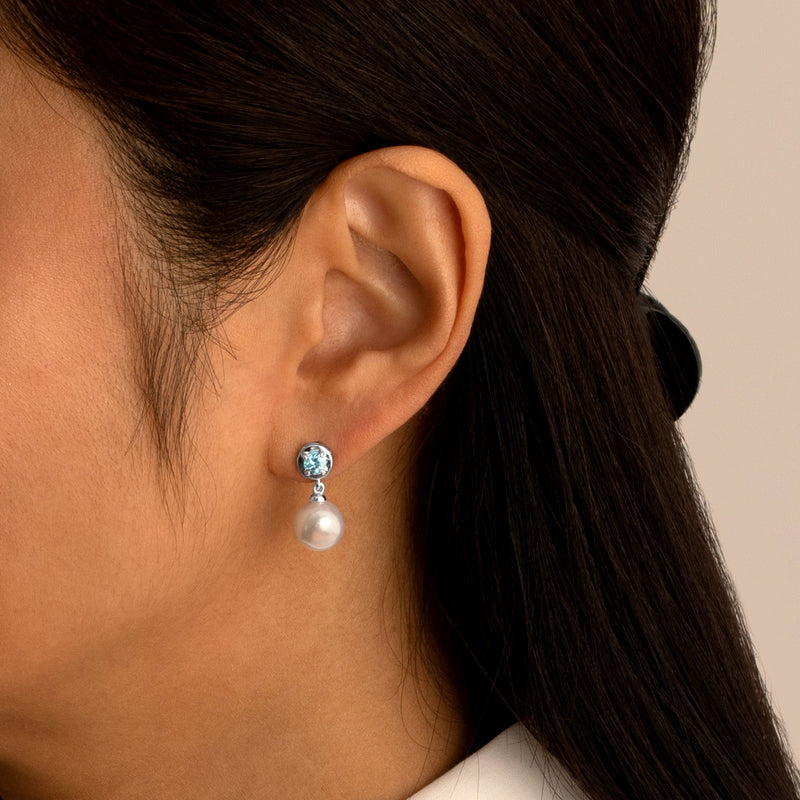 8mm Freshwater Cultured Pearl & Aquamarine Dangle Earrings in Sterling Silver+