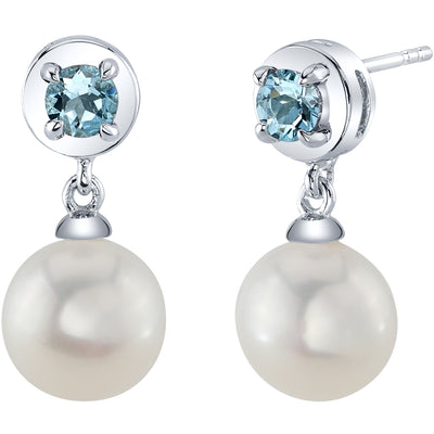 8mm Freshwater Cultured Pearl & Aquamarine Dangle Earrings in Sterling Silver