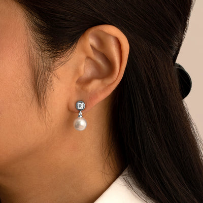 8mm Freshwater Cultured Pearl & Cubic Zirconia Dangle Earrings in Sterling Silver