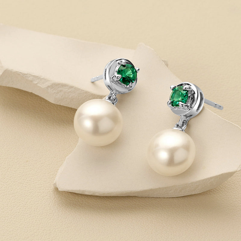 8mm Freshwater Cultured Pearl & Emerald Dangle Earrings in Sterling Silver
