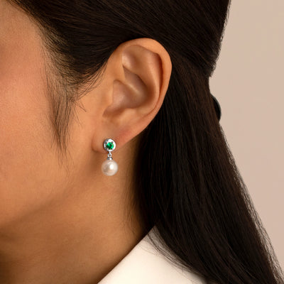 8mm Freshwater Cultured Pearl & Emerald Dangle Earrings in Sterling Silver