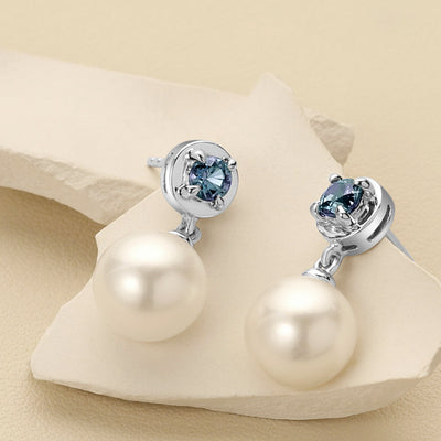 8mm Freshwater Cultured Pearl & Alexandrite Dangle Earrings in Sterling Silver