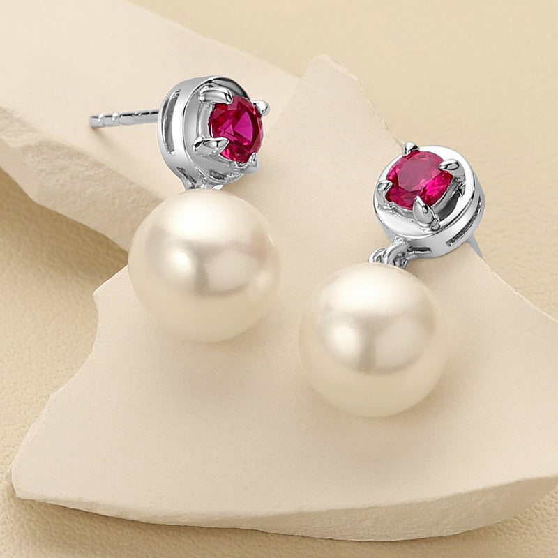 8mm Freshwater Cultured Pearl & Ruby Dangle Earrings in Sterling Silver