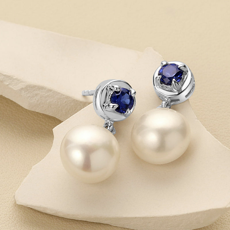 8mm Freshwater Cultured Pearl & Blue Sapphire Dangle Earrings in Sterling Silver