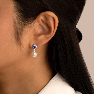8mm Freshwater Cultured Pearl & Blue Sapphire Dangle Earrings in Sterling Silver