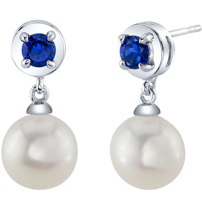 8mm Freshwater Cultured Pearl & Blue Sapphire Dangle Earrings in Sterling Silver