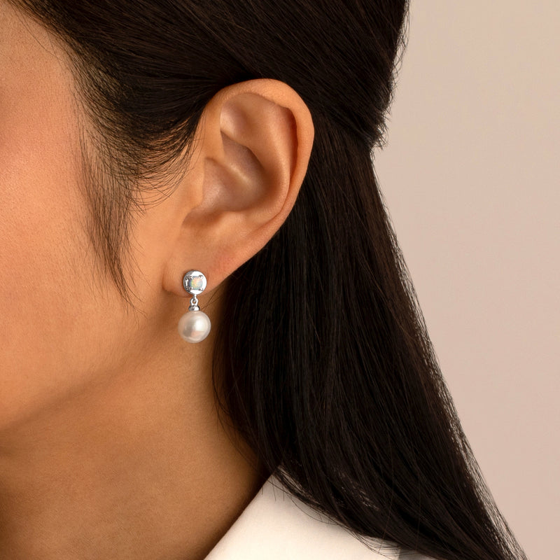 8mm Freshwater Cultured Pearl & White Opal Dangle Earrings in Sterling Silver