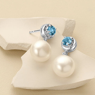 8mm Freshwater Cultured Pearl & Swiss Blue Topaz Dangle Earrings in Sterling Silver