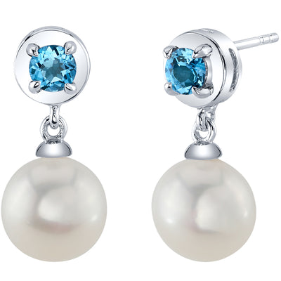 8mm Freshwater Cultured Pearl & Swiss Blue Topaz Dangle Earrings in Sterling Silver