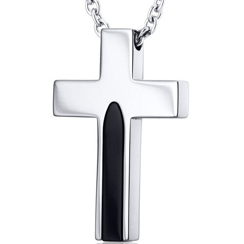 Black Center Polished Steel Cross Pendant With 22 inch Chain