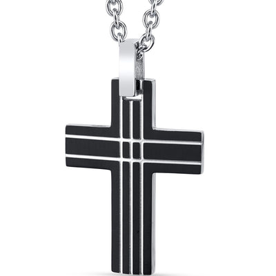 Black Lined Designer Stainless Steel Cross Pendant with 22 inch Necklace