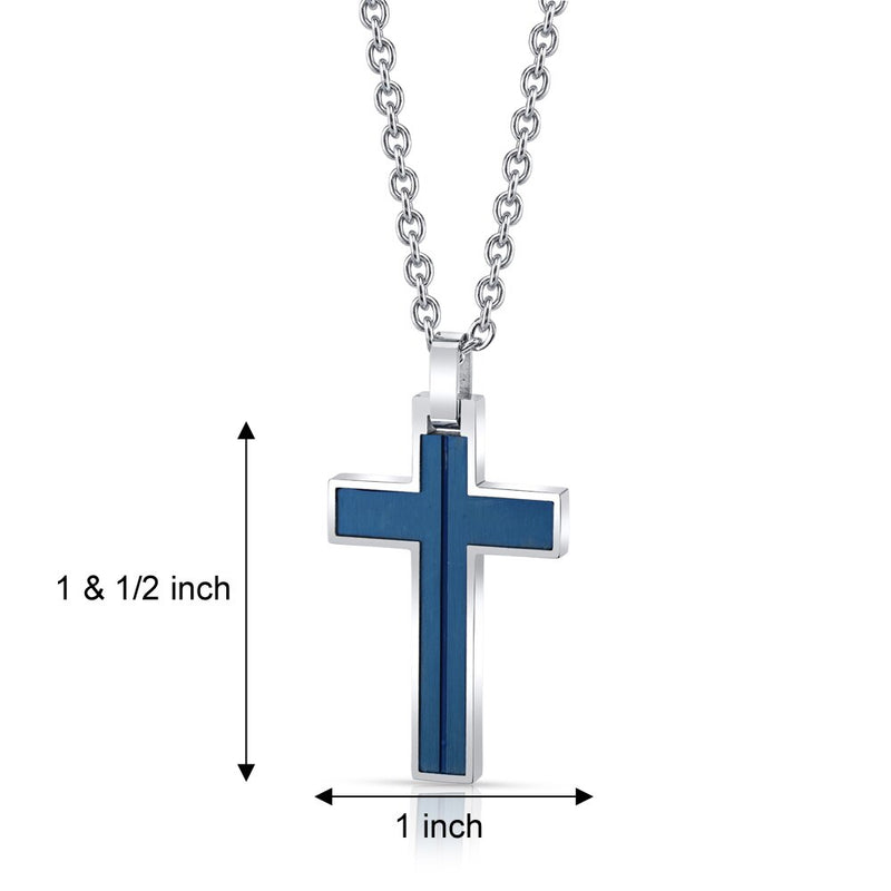 Cool Artic Blue Stripe Stainless Steel Cross Pendant with 22 inch Necklace