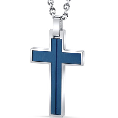 Cool Artic Blue Stripe Stainless Steel Cross Pendant with 22 inch Necklace