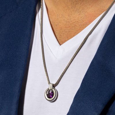 Half Moon Shape Amethyst Amulet Pendant Necklace for Men Sterling Silver 3 Carats
