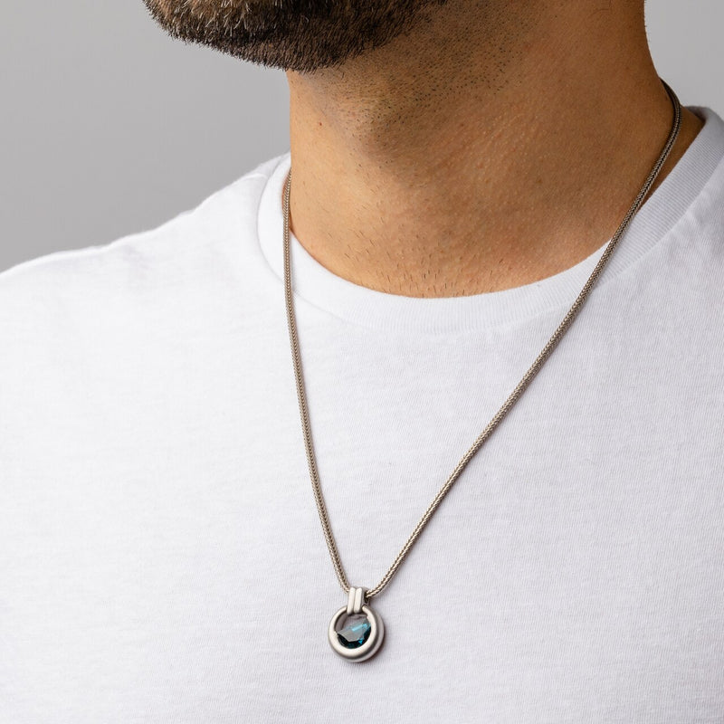 Half Moon Shape London Blue Topaz Amulet Pendant Necklace for Men Sterling Silver 4 Carats