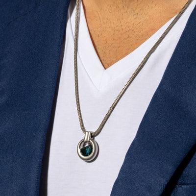 Half Moon Shape London Blue Topaz Amulet Pendant Necklace for Men Sterling Silver 4 Carats
