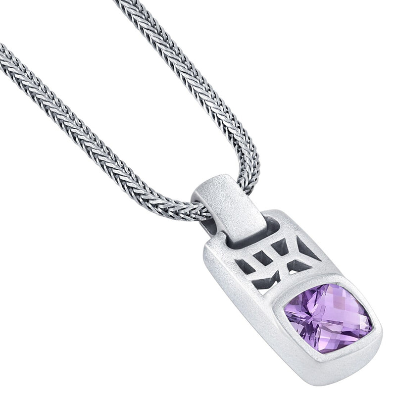 Cushion Cut Amethyst Tag Pendant Necklace for Men Sterling Silver 2.75 Carats