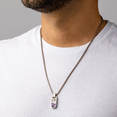 Cushion Cut Amethyst Tag Pendant Necklace for Men Sterling Silver 2.75 Carats