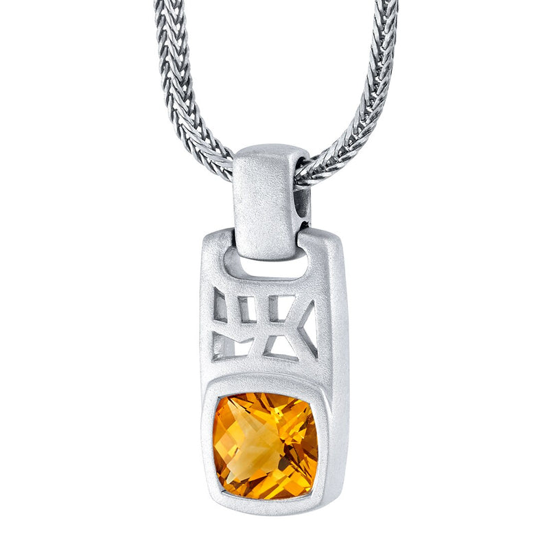 Cushion Cut Citrine Tag Pendant Necklace for Men Sterling Silver 2.75 Carats