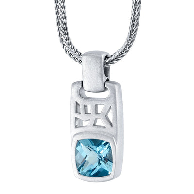 Cushion Cut London Blue Topaz Tag Pendant Necklace for Men Sterling Silver 3.50 Carats