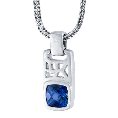 Cushion Cut Blue Sapphire Tag Pendant Necklace for Men Sterling Silver 4.50 Carats