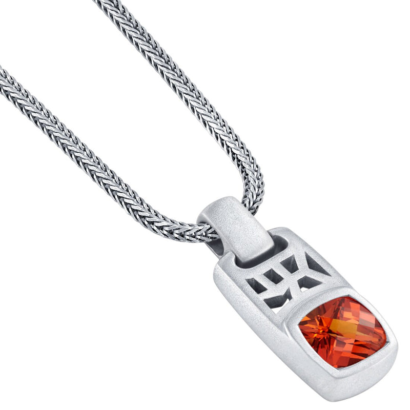 Cushion Cut Padparadscha Sapphire Tag Pendant Necklace for Men Sterling Silver 4.50 Carats