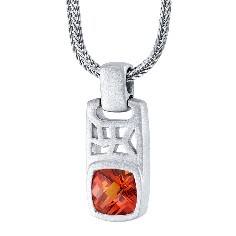 Cushion Cut Padparadscha Sapphire Tag Pendant Necklace for Men Sterling Silver 4.50 Carats