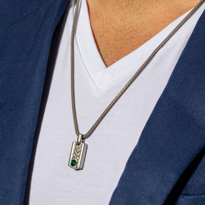Emerald Chevron Pendant Necklace for Men Sterling Silver 1 Carat