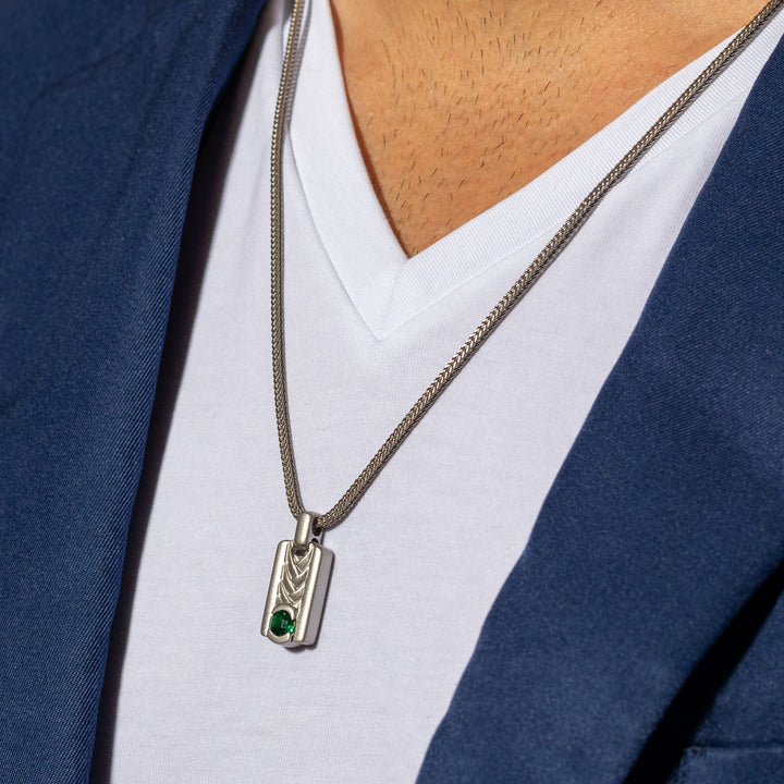 Simulated Emerald Chevron Pendant Necklace for Men in Sterling