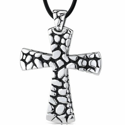 Steel Cobblestone Style Cross with Black Enamel Pendant